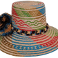 Bohemian straw hat with red, green, blue pattern and handmade detail