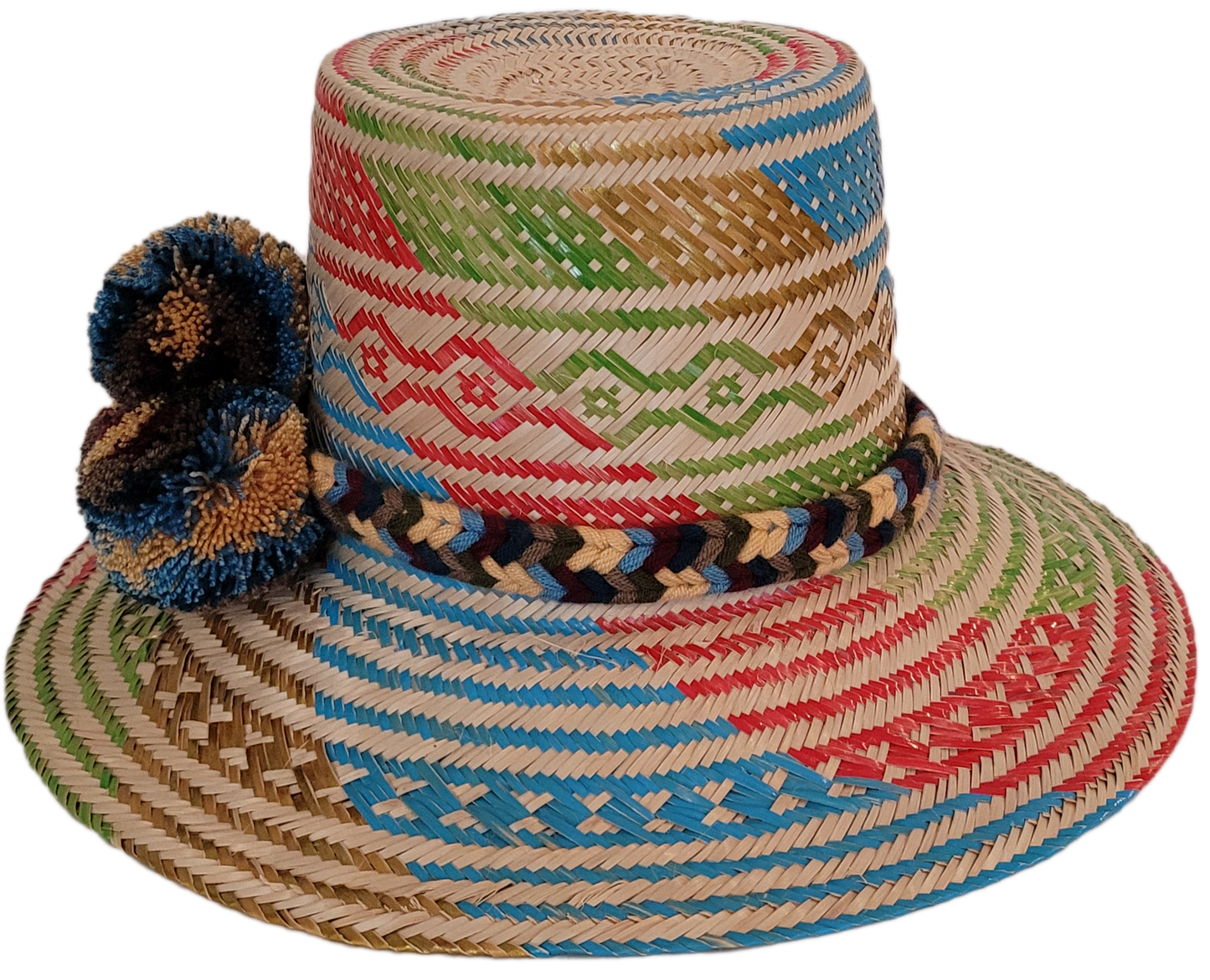 Bohemian straw hat with red, green, blue pattern and handmade detail