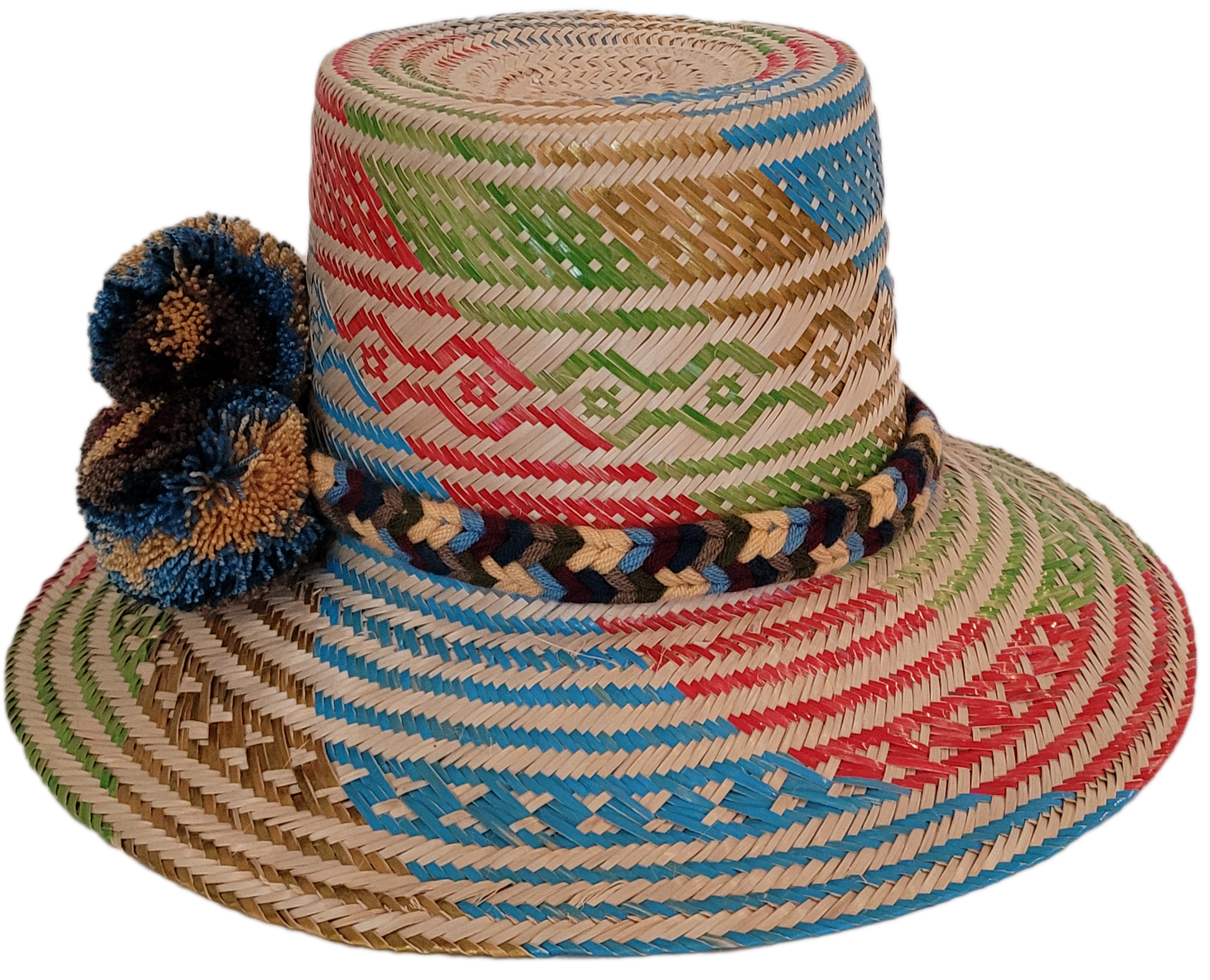 Bohemian straw hat with red, green, blue pattern and handmade detail