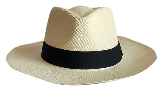 Handmade Panama hat with wide brim and black band, boho style.