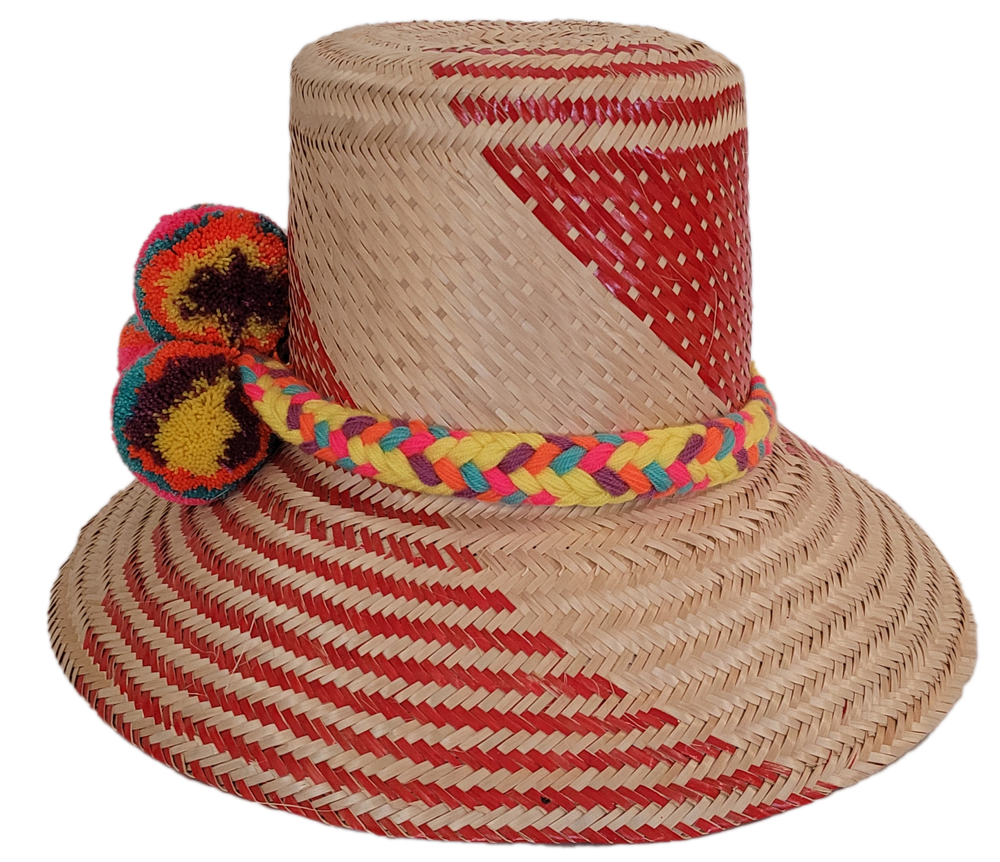 Boho-chick Wayuu hat with diagonal red weaving and vibrant pom-pom trim