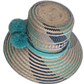 Boho Chick Straw Hat with a wide brim, woven in bold blue and aqua geometric patterns