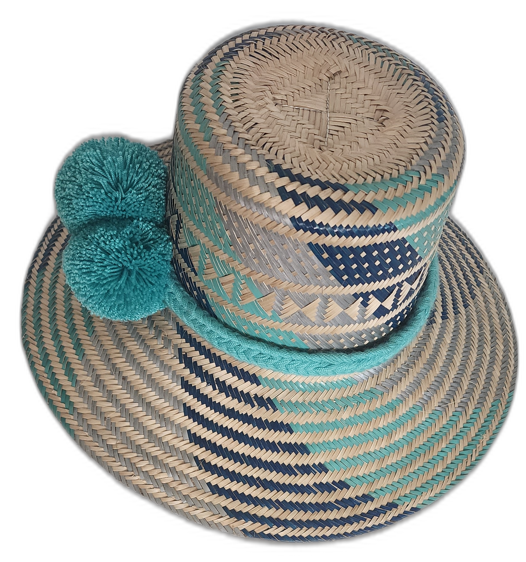 Boho Chick Straw Hat with a wide brim, woven in bold blue and aqua geometric patterns