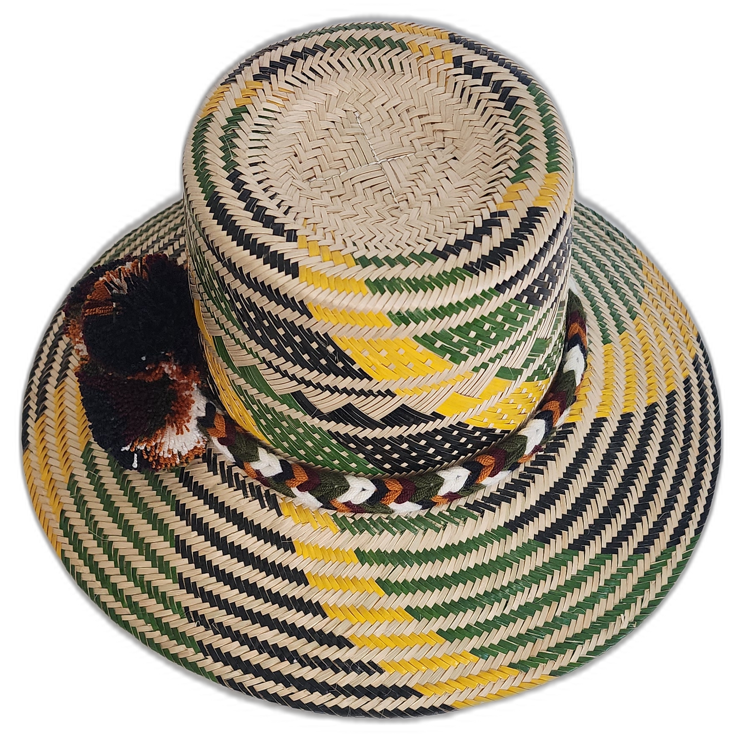 Artisan Wayuu straw hat in green and beige with braided band