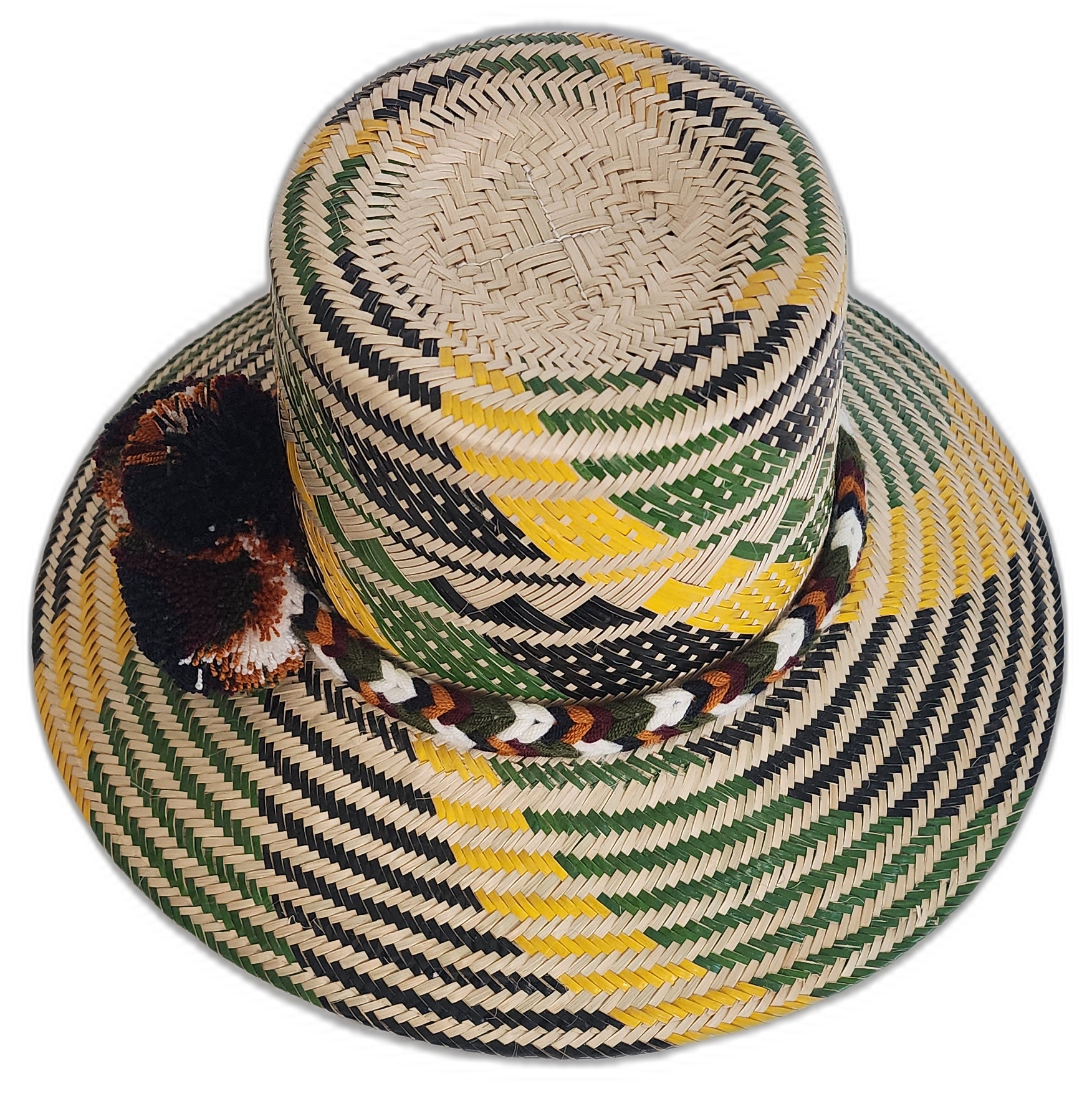 Artisan Wayuu straw hat in green and beige with braided band