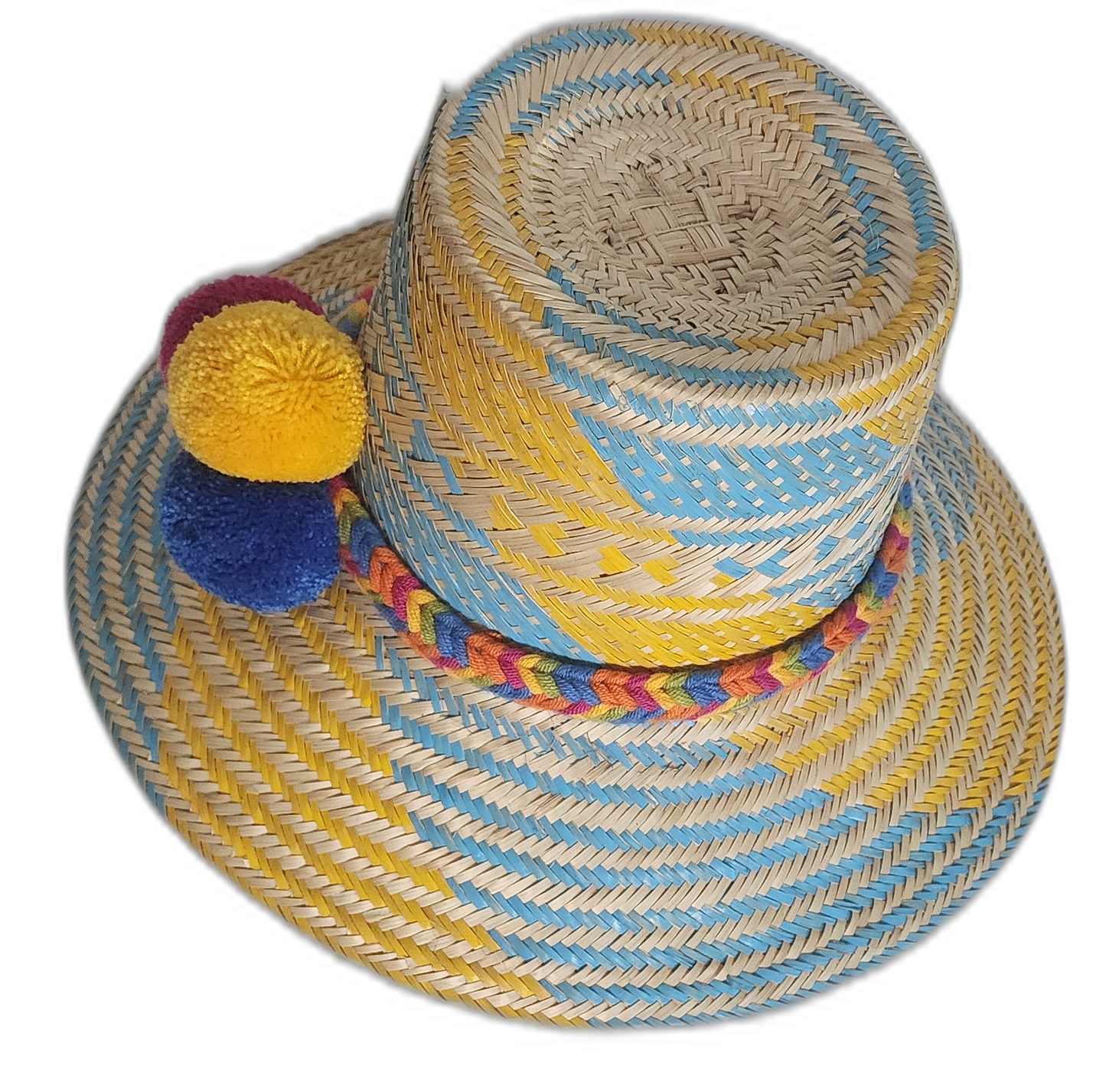 Handmade bohemian straw hat with blue-yellow weaving and three large pompoms symbolizing prosperity.