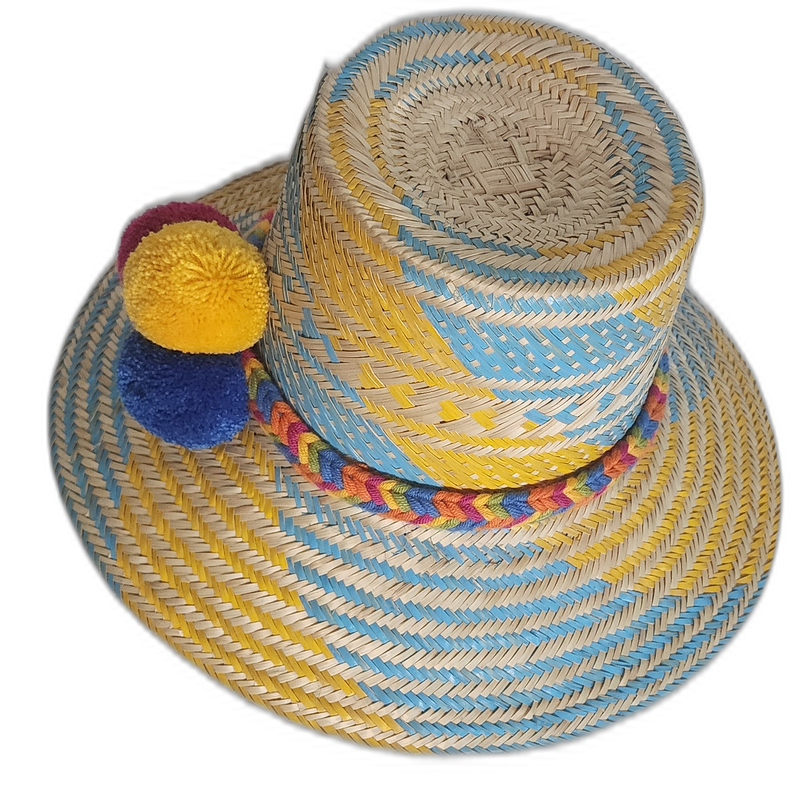 Handmade bohemian straw hat with blue-yellow weaving and three large pompoms symbolizing prosperity.