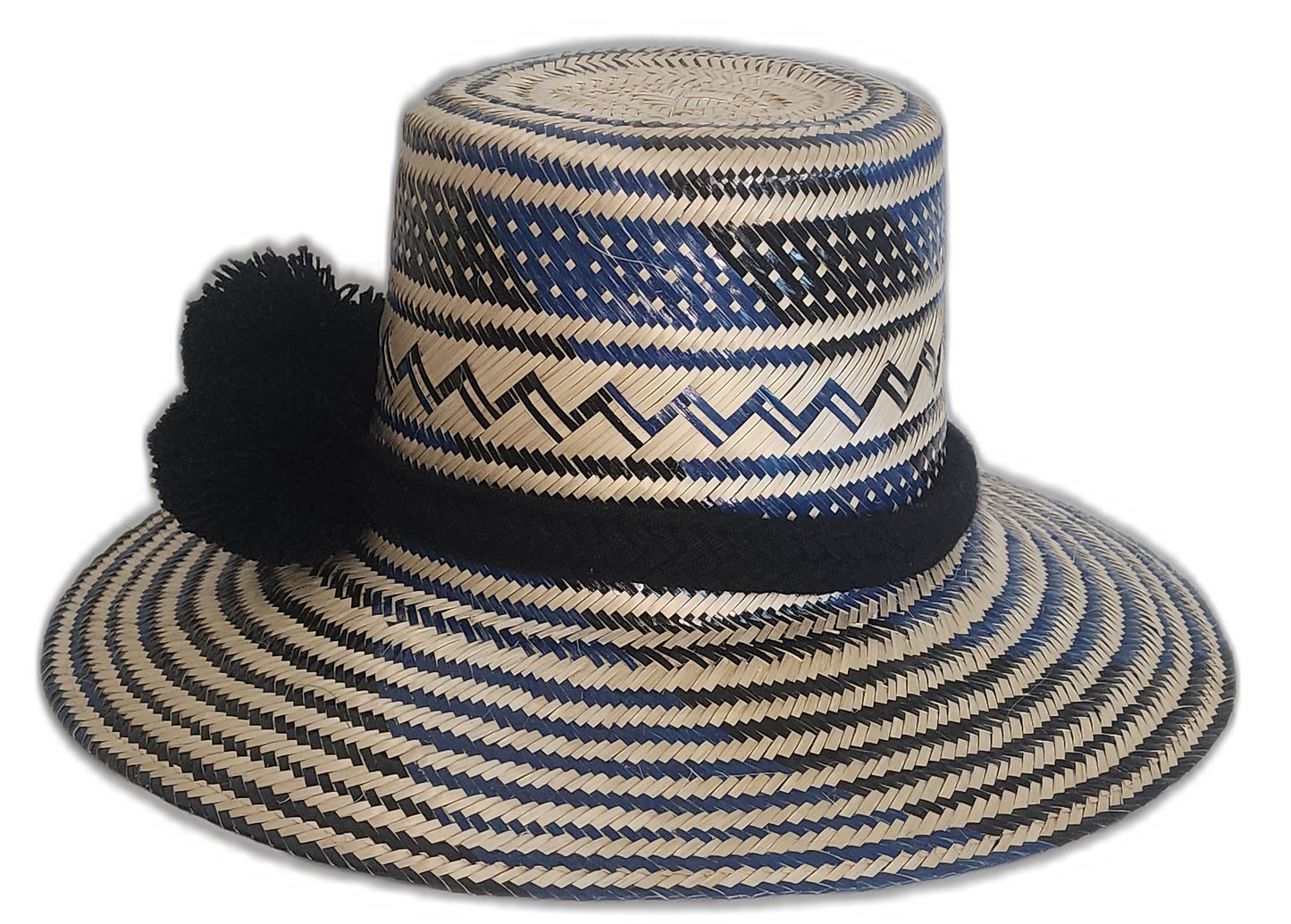 Handmade Wayuu hat with bold black pompom and blue weave