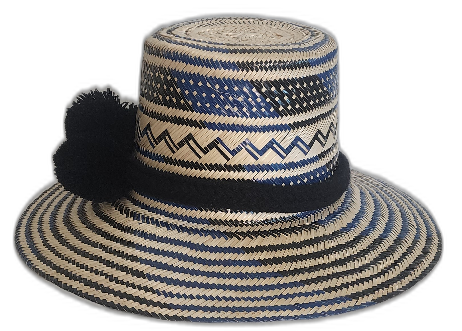 Handmade Wayuu hat with bold black pompom and blue weave