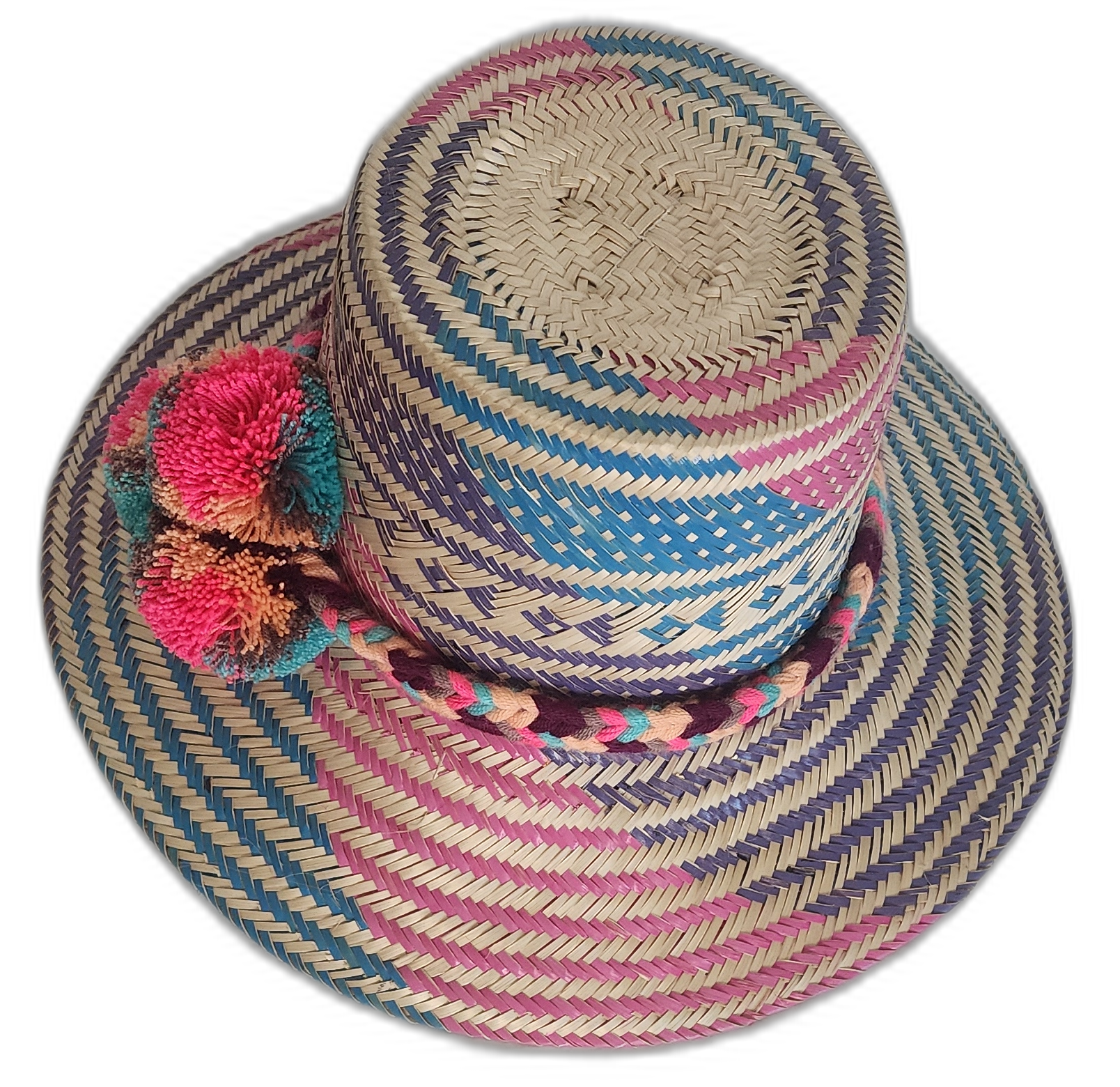 Wayuu chick straw hat with bold purple, blue, and pink tones
