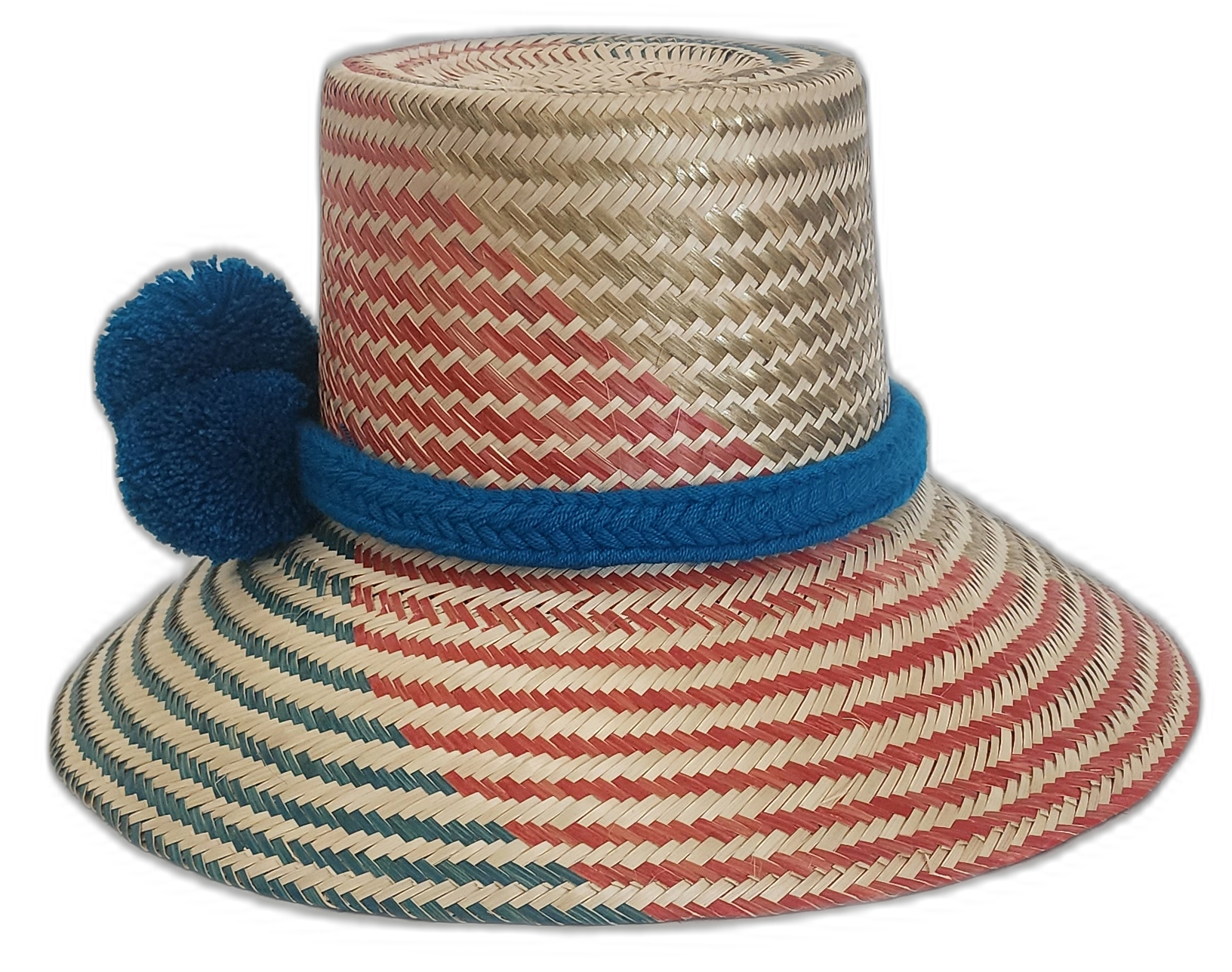 Boho Chick Wayuu hat featuring teal, red, and natural straw design