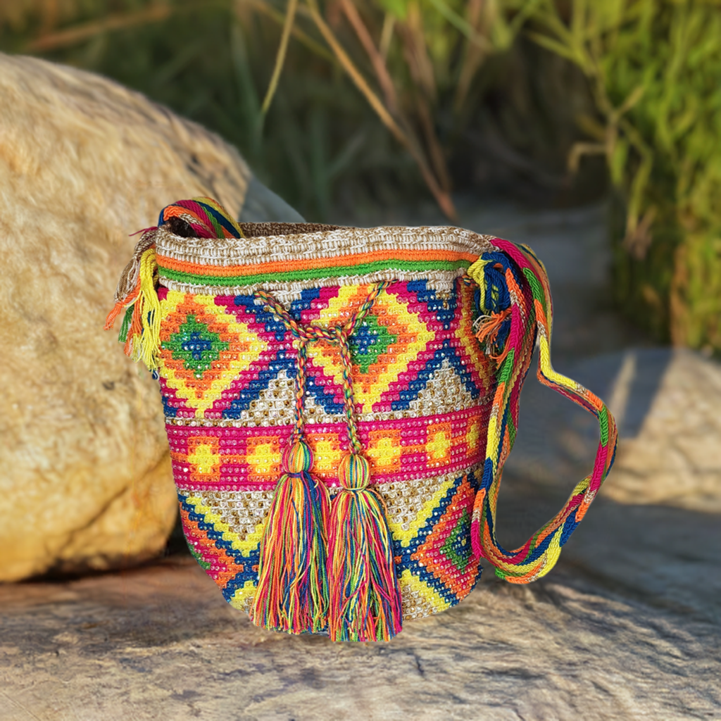 Bottom view Colorful Wayuu crochet bag with a multicolor strap and diamond motif design.