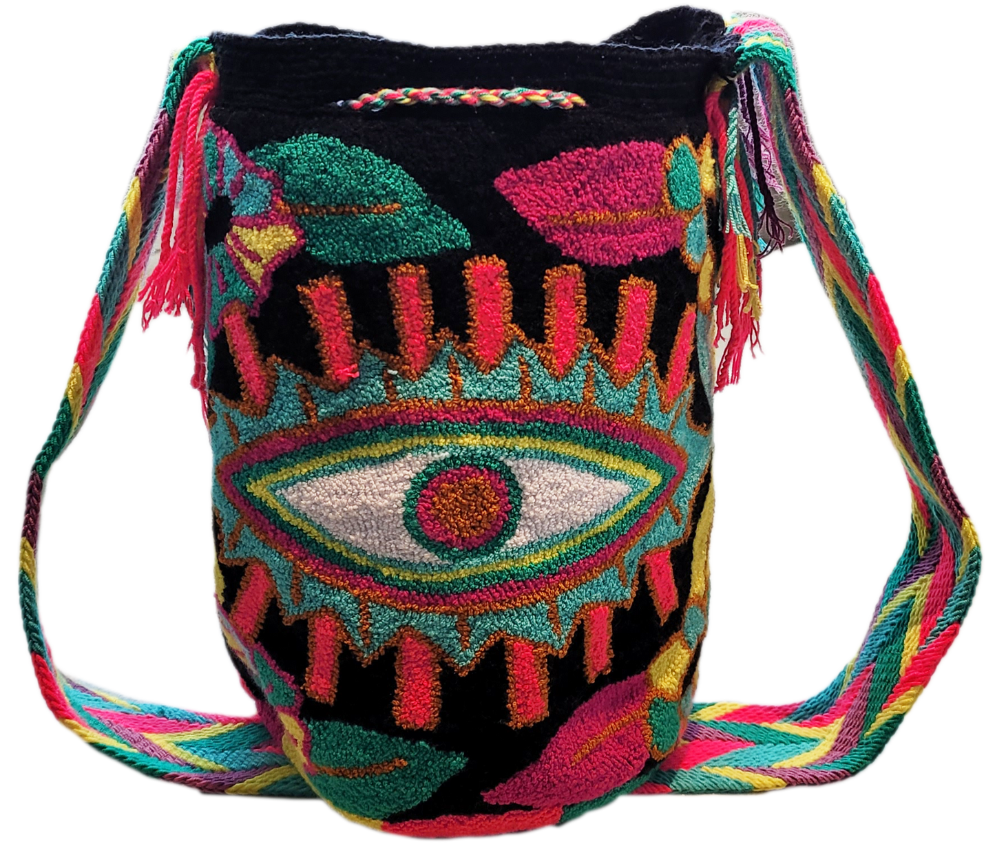 Boho-chick Wayuu shoulder bag with punch needle patterns