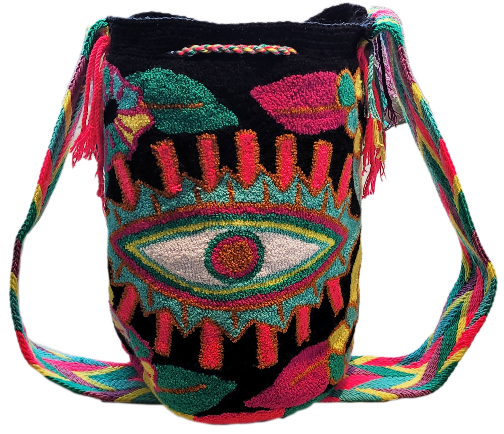 Bottom view Boho-chick Wayuu shoulder bag with punch needle patterns
