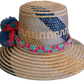 Boho Straw Hat woven with natural straw and dark blue patterns.