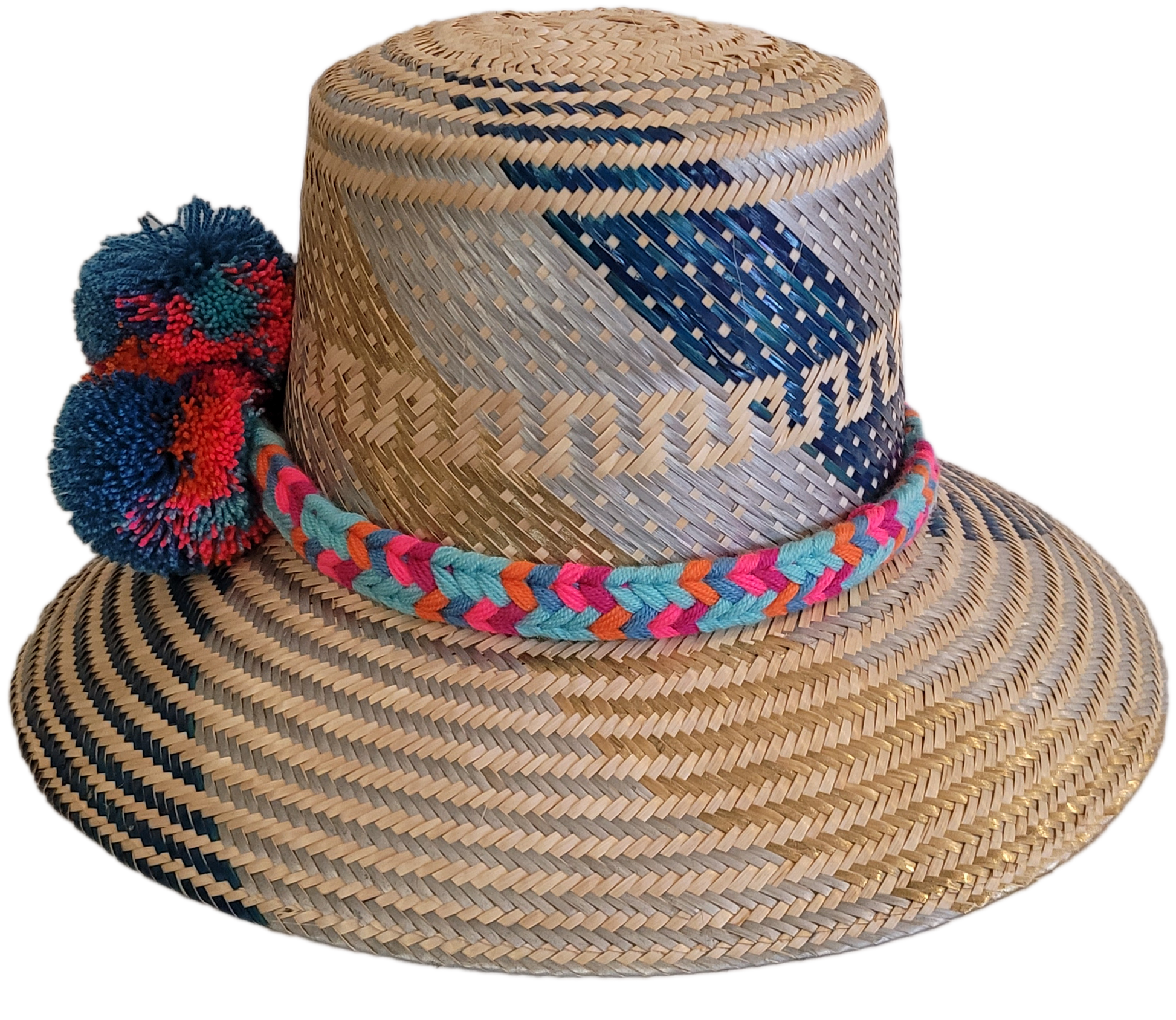 Boho Straw Hat woven with natural straw and dark blue patterns.