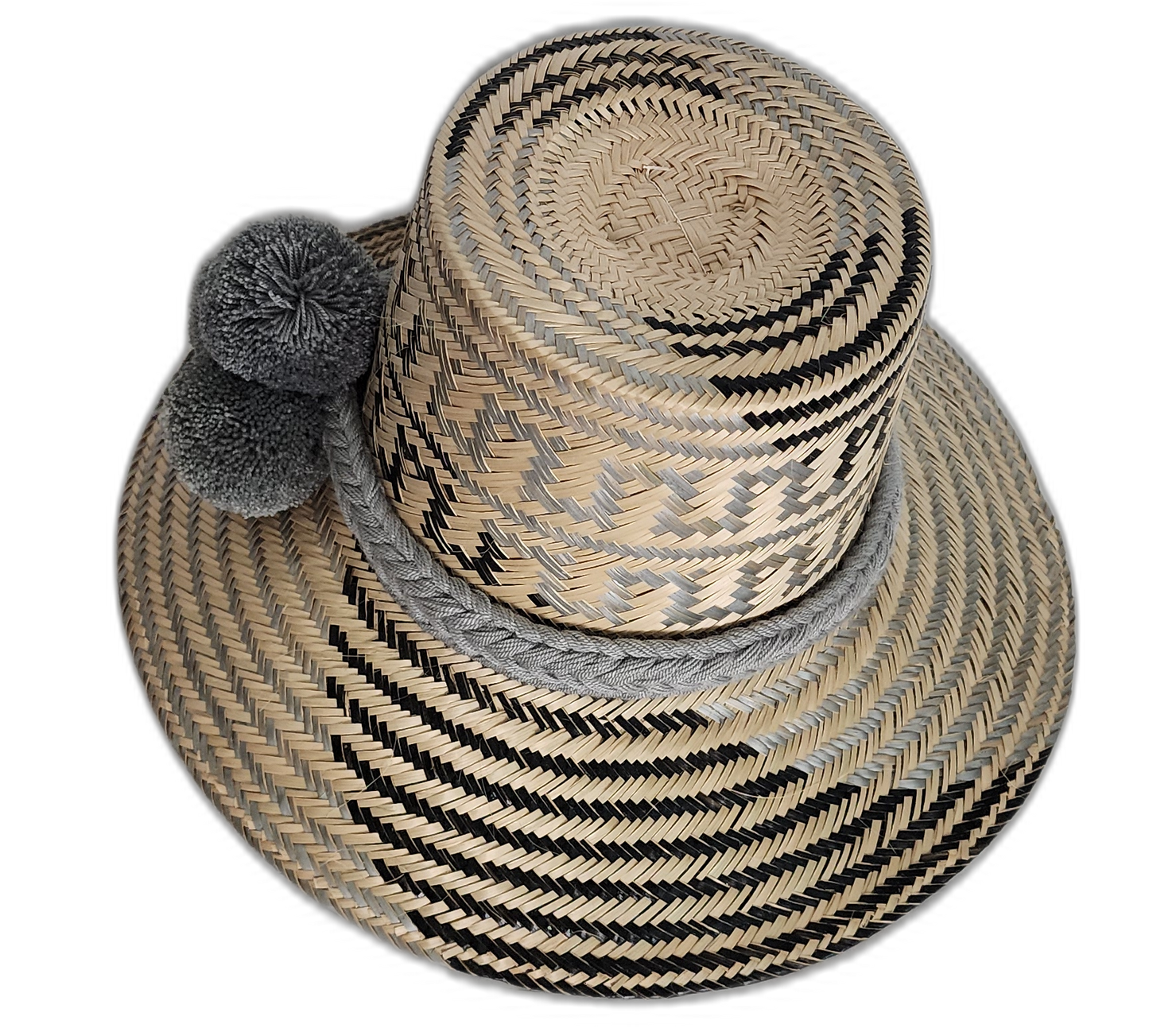 Natural straw Wayuu hat with black detailing and grey wool embellishments