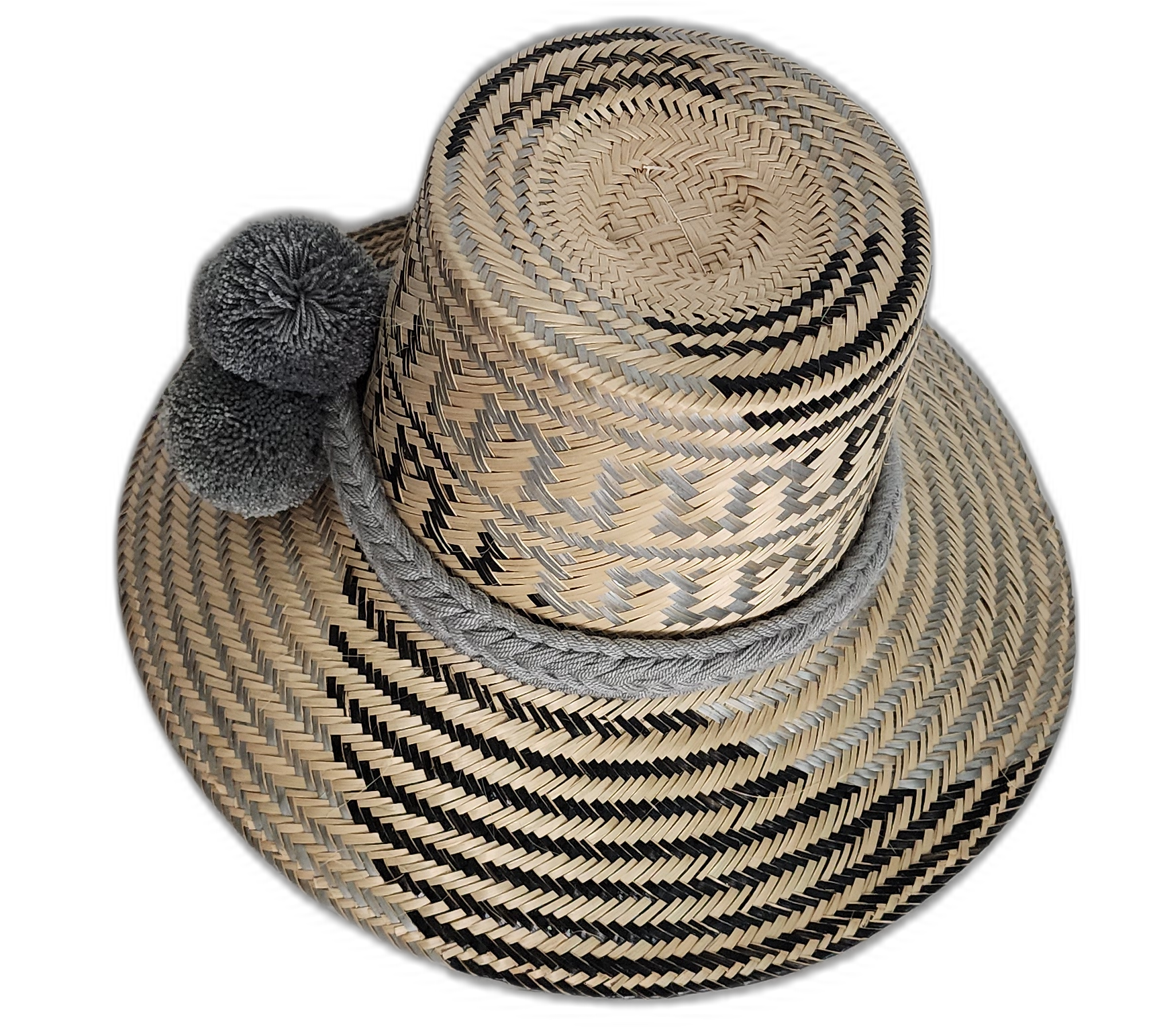 Natural straw Wayuu hat with black detailing and grey wool embellishments