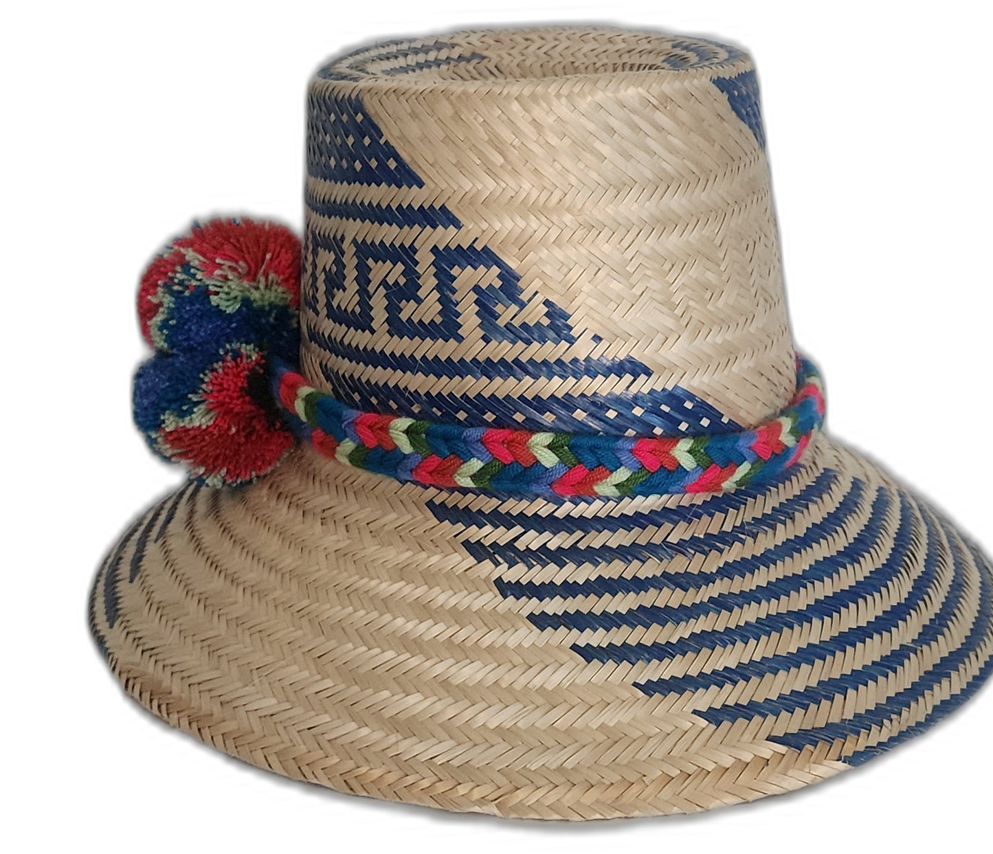 Boho chick straw hat featuring traditional blue weave and bold pompoms