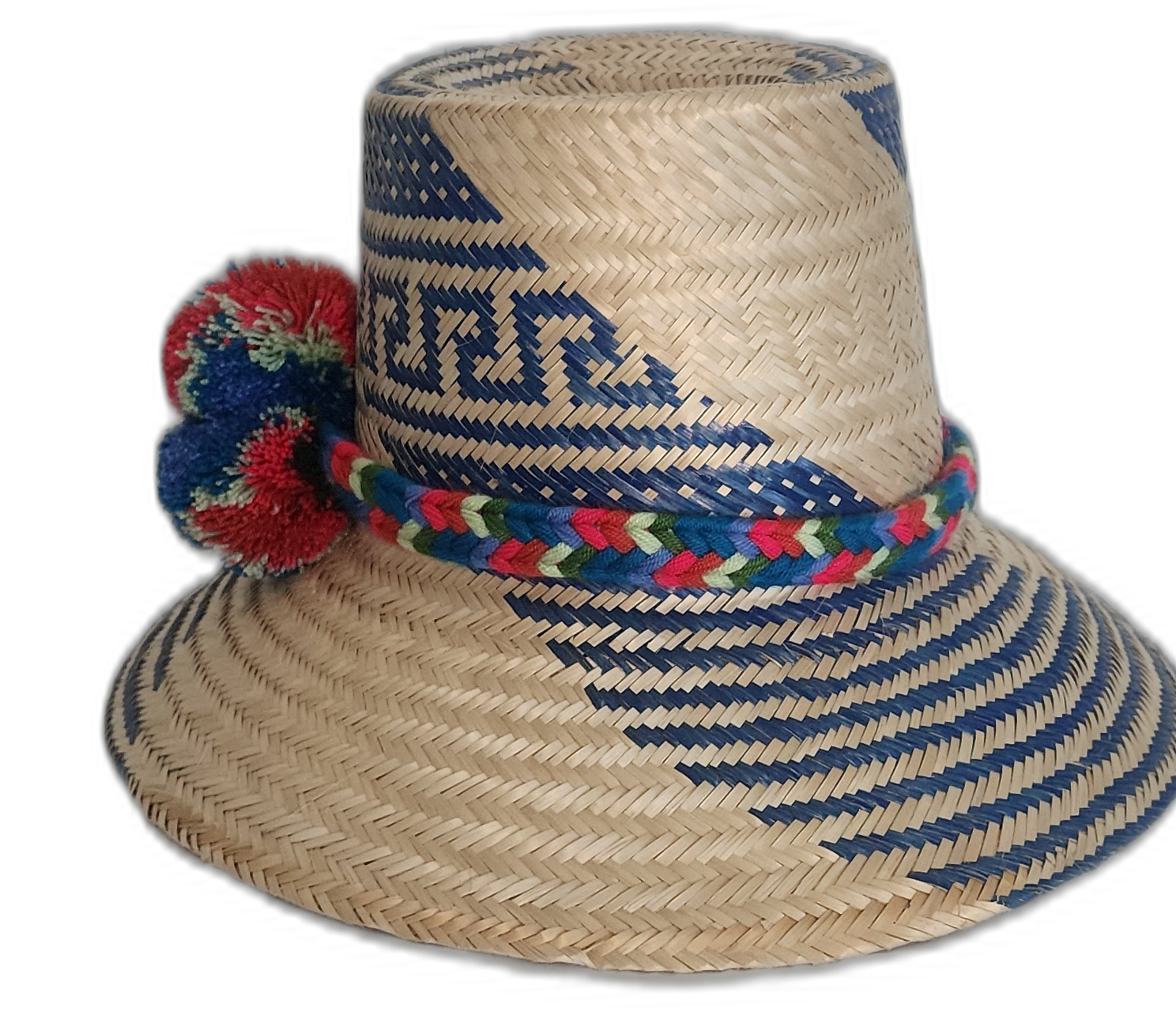 Boho chick straw hat featuring traditional blue weave and bold pompoms
