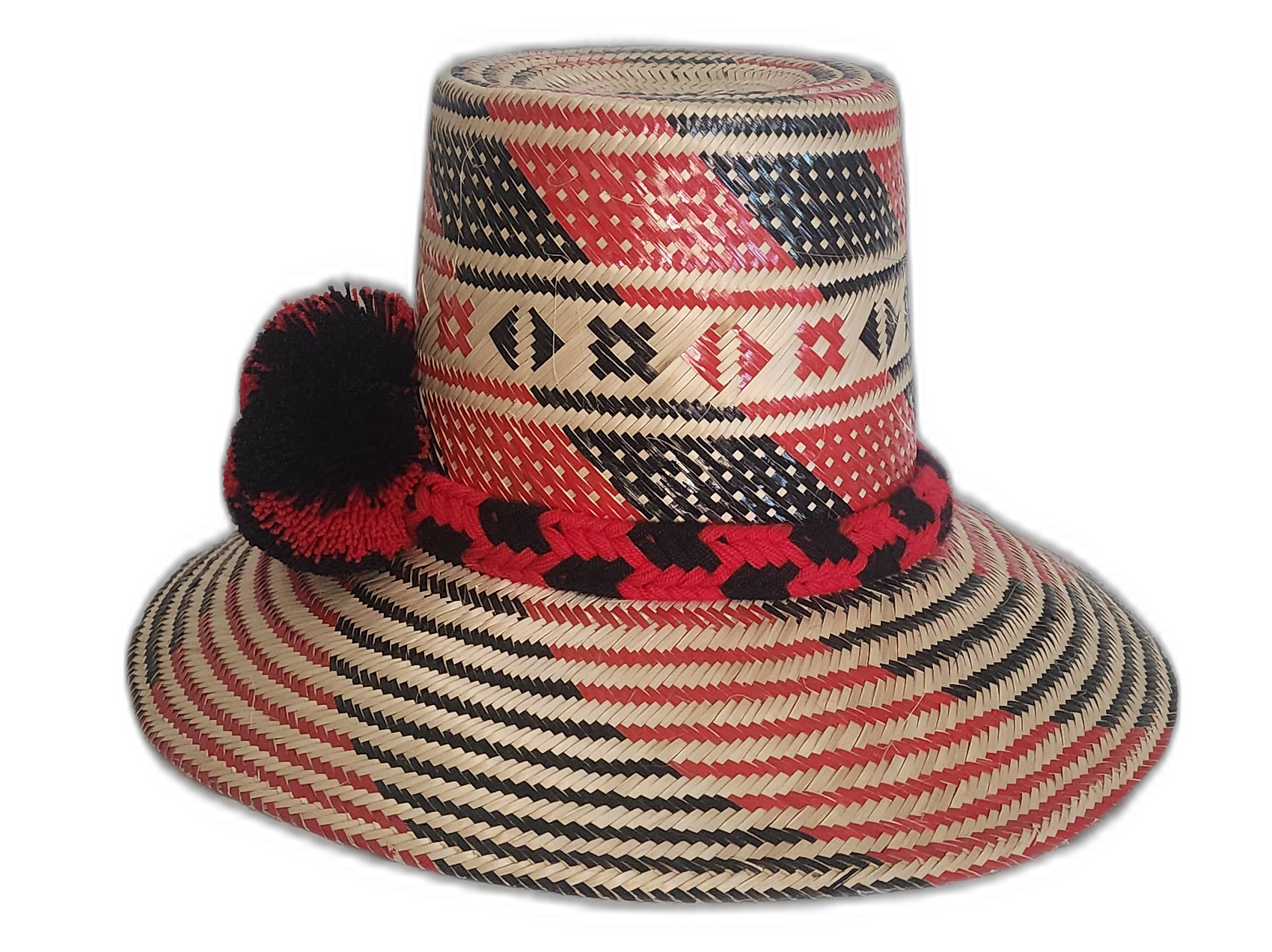 Boho chick straw hat with bold red and black pompoms.Bohemian straw hat with red-black stripe design and braided crown band

