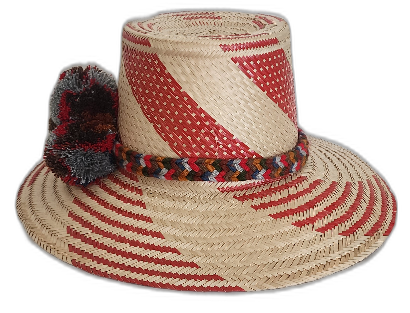 Boho hat with artisan red patterns and pompom accents in grey and rust