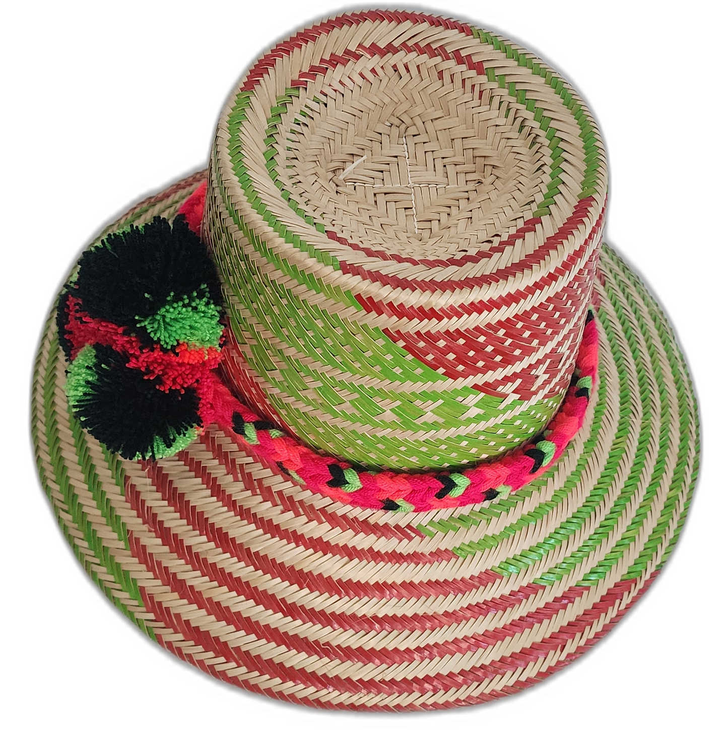 Boho Chick Wayuu straw hat in red, green, and natural palm colors