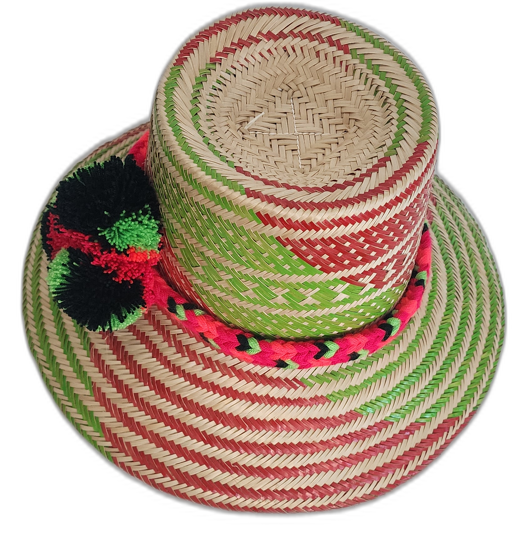 Boho Chick Wayuu straw hat in red, green, and natural palm colors