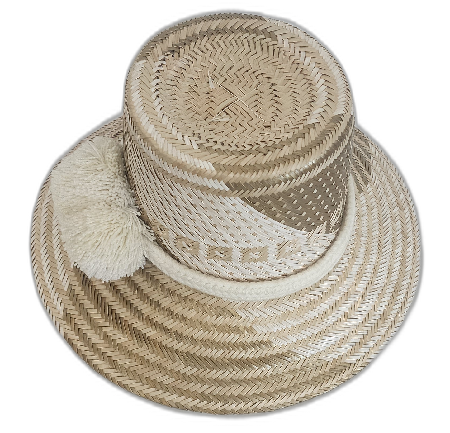 Elegant handmade Wayuu hat with beige and cream weave and white trim