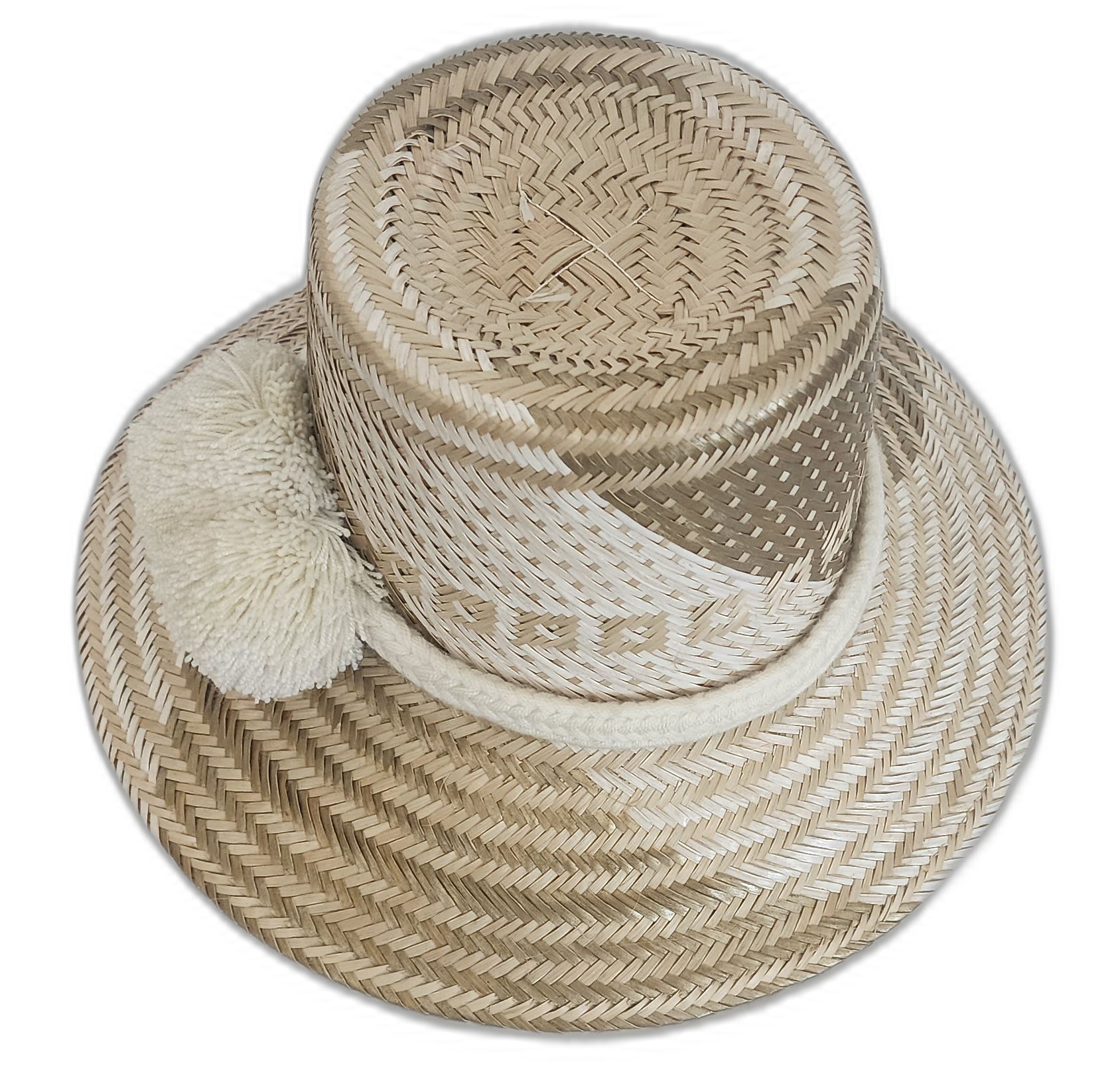 Elegant handmade Wayuu hat with beige and cream weave and white trim