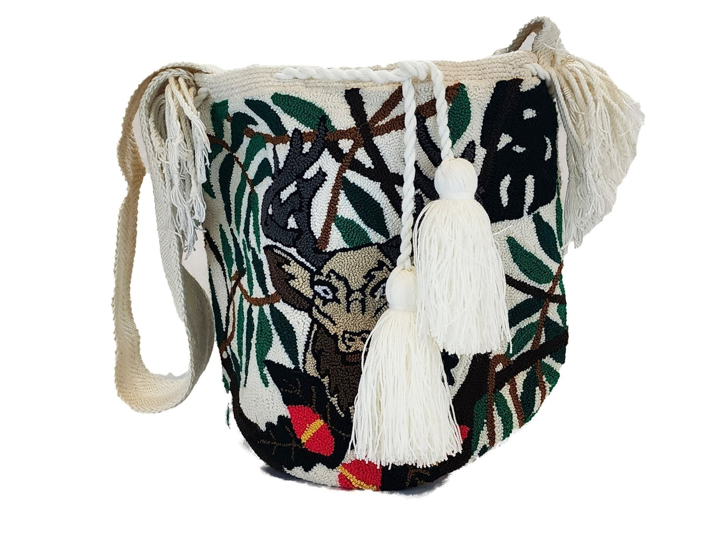 Boho-chick Wayuu bag with woodland animal embroidery and tassels