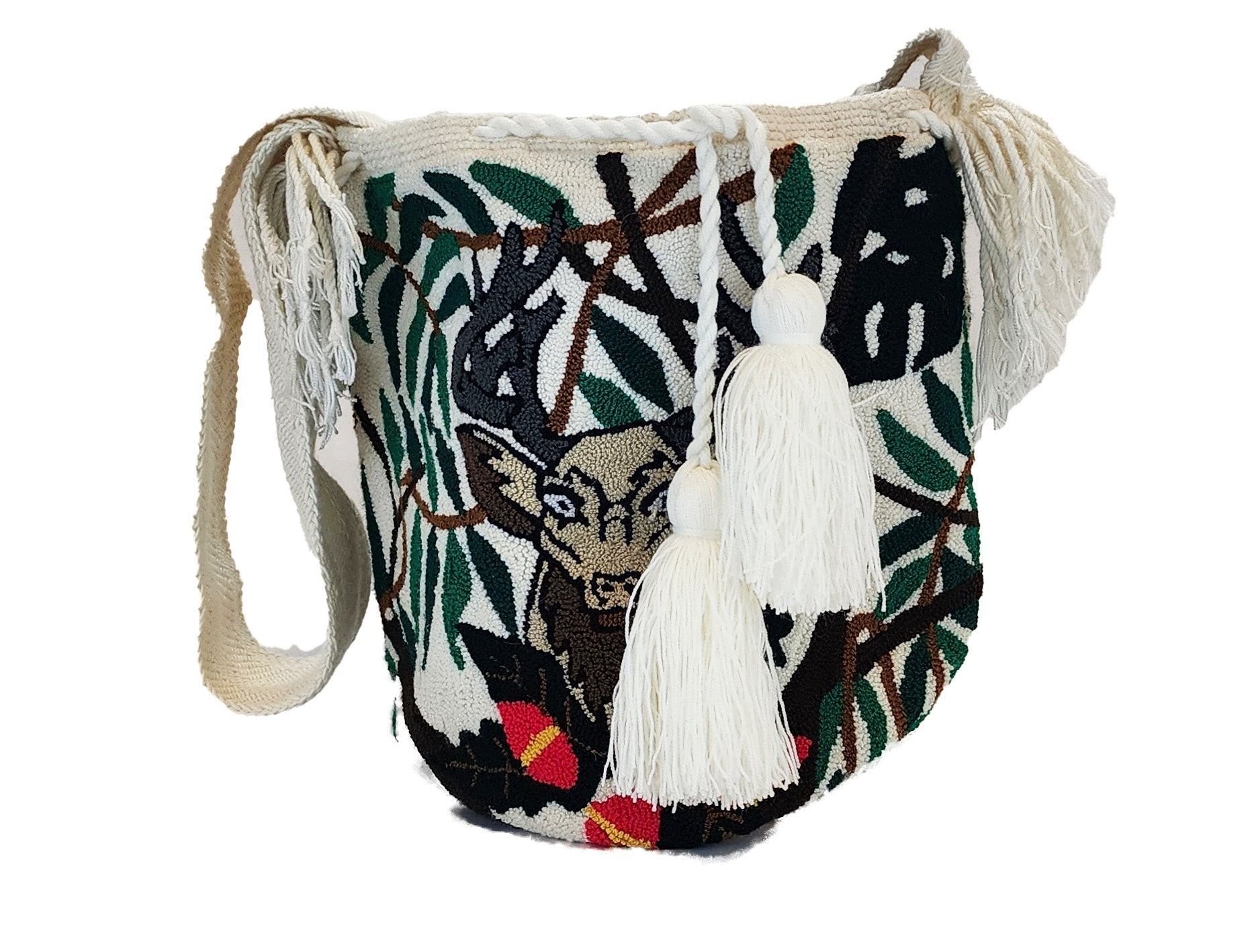 Boho-chick Wayuu bag with woodland animal embroidery and tassels