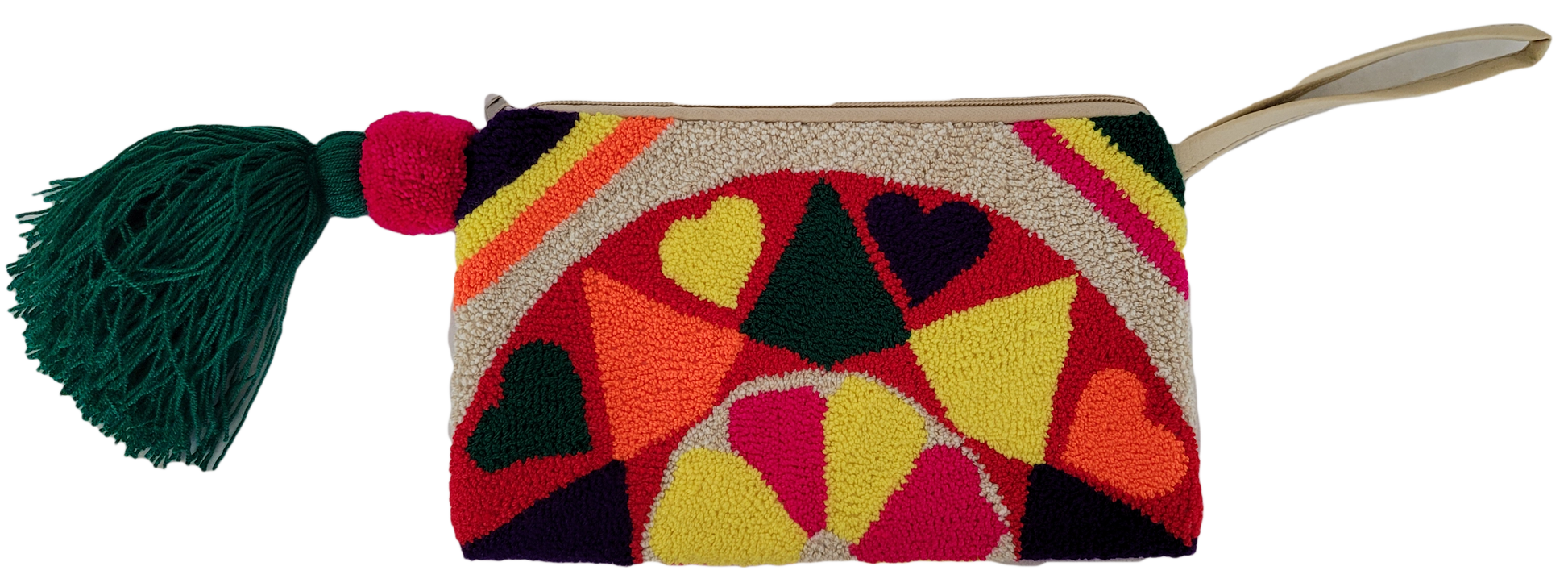 1 Boho chick clutch in yellow, pink, orange, and green with tassel

