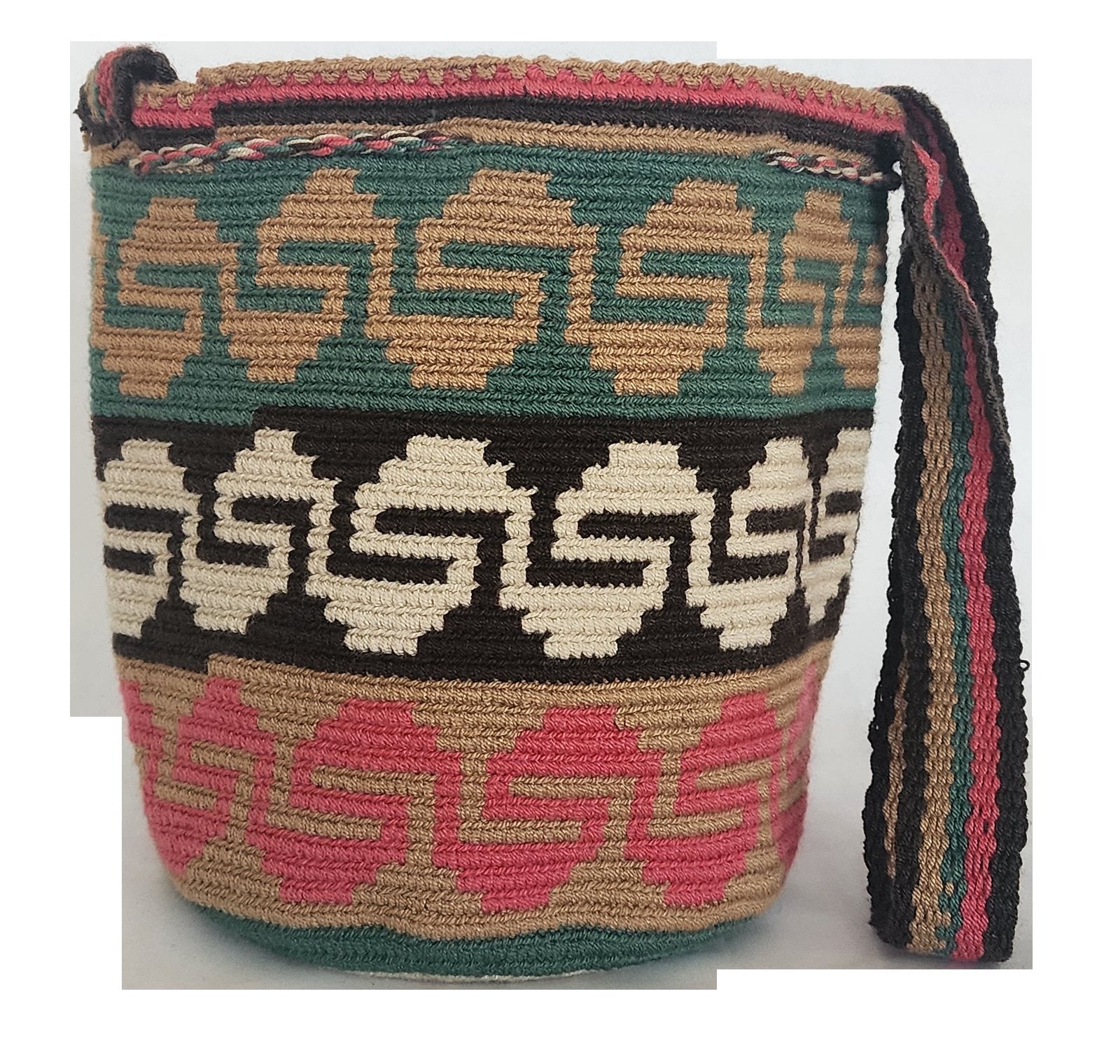 Bottom view Bohemian Wayuu crossbody bag with bold tassels, adjustable strap, and vibrant cultural patterns.