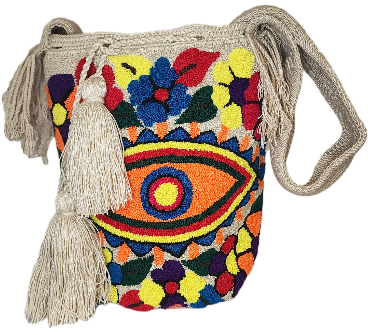 Colorful bohemian Wayuu bag with embroidered accents