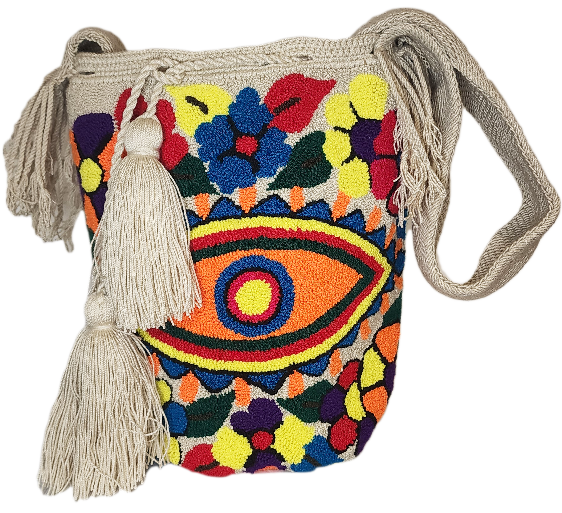 Colorful bohemian Wayuu bag with embroidered accents