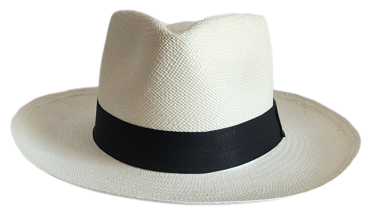 White handmade Panama hat with black band in bohemian style.