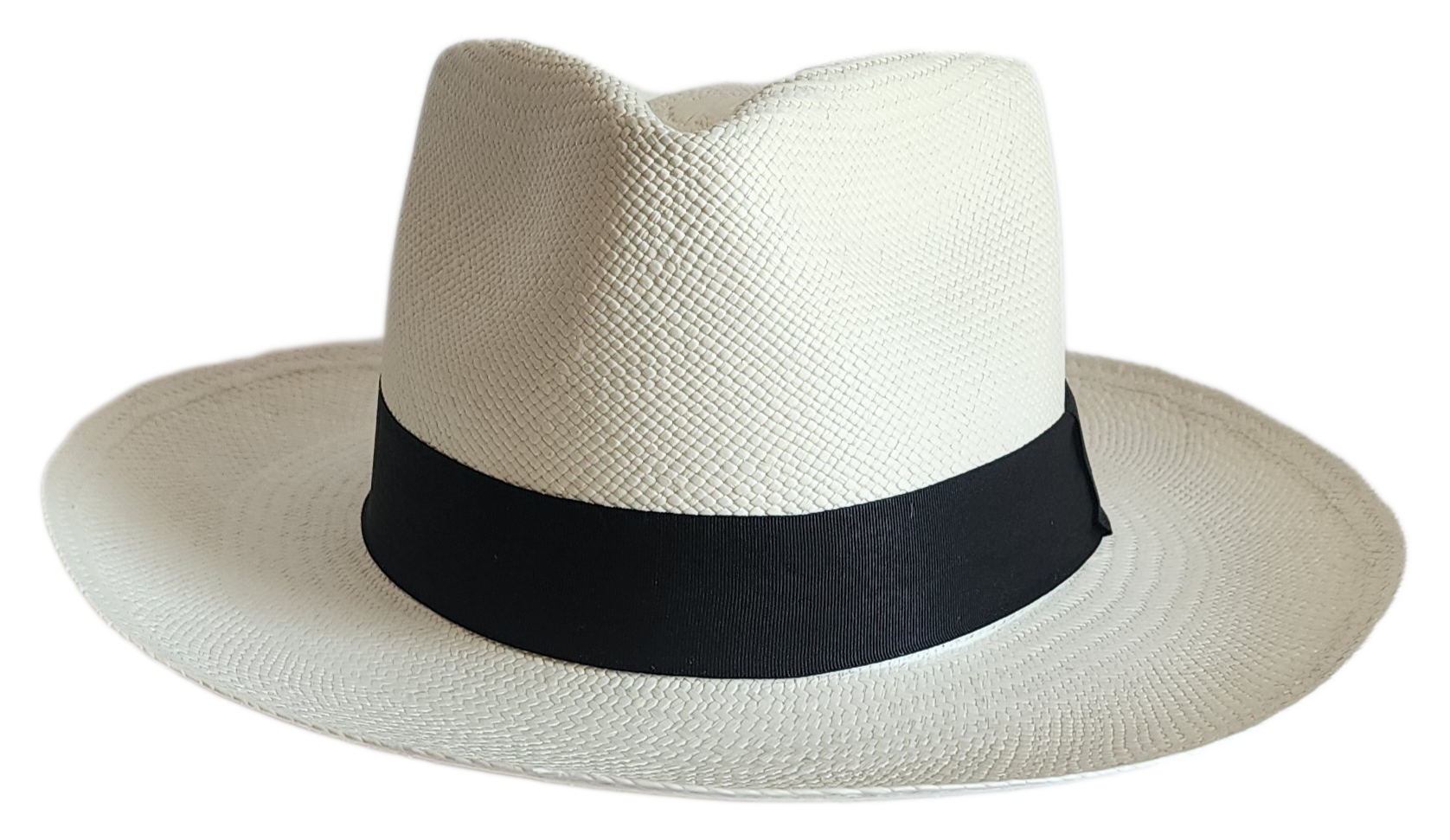 White handmade Panama hat with black band in bohemian style.