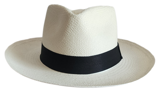 White handmade Panama hat with black band in bohemian style.