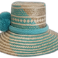 Bohemian Wayuu hat featuring turquoise pattern and wool band with pompoms