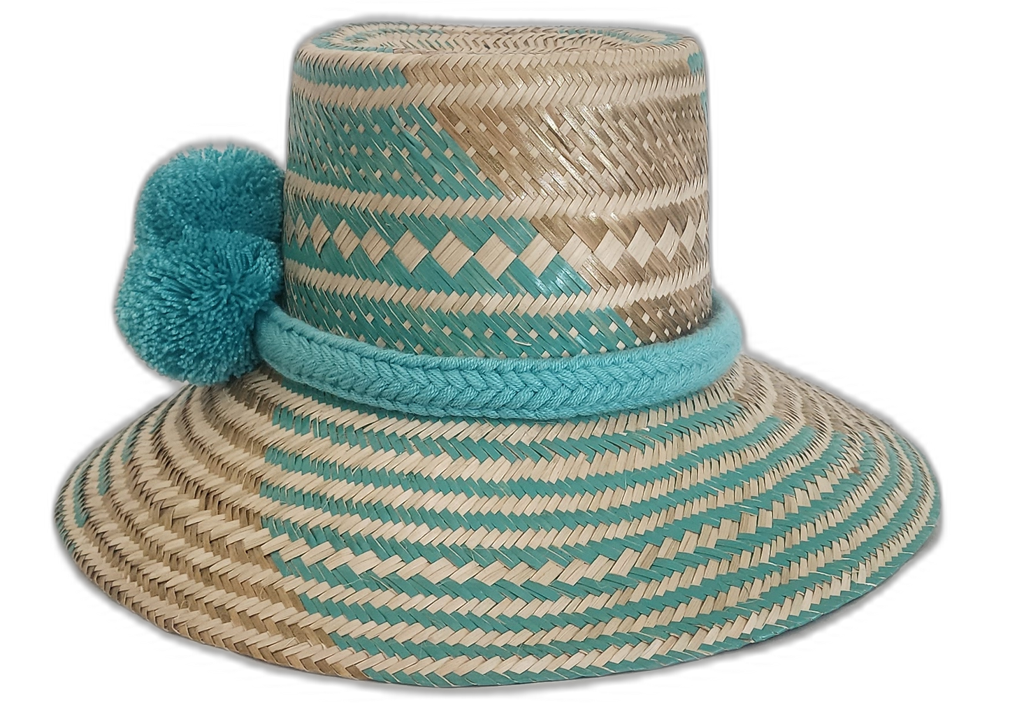 Bohemian Wayuu hat featuring turquoise pattern and wool band with pompoms