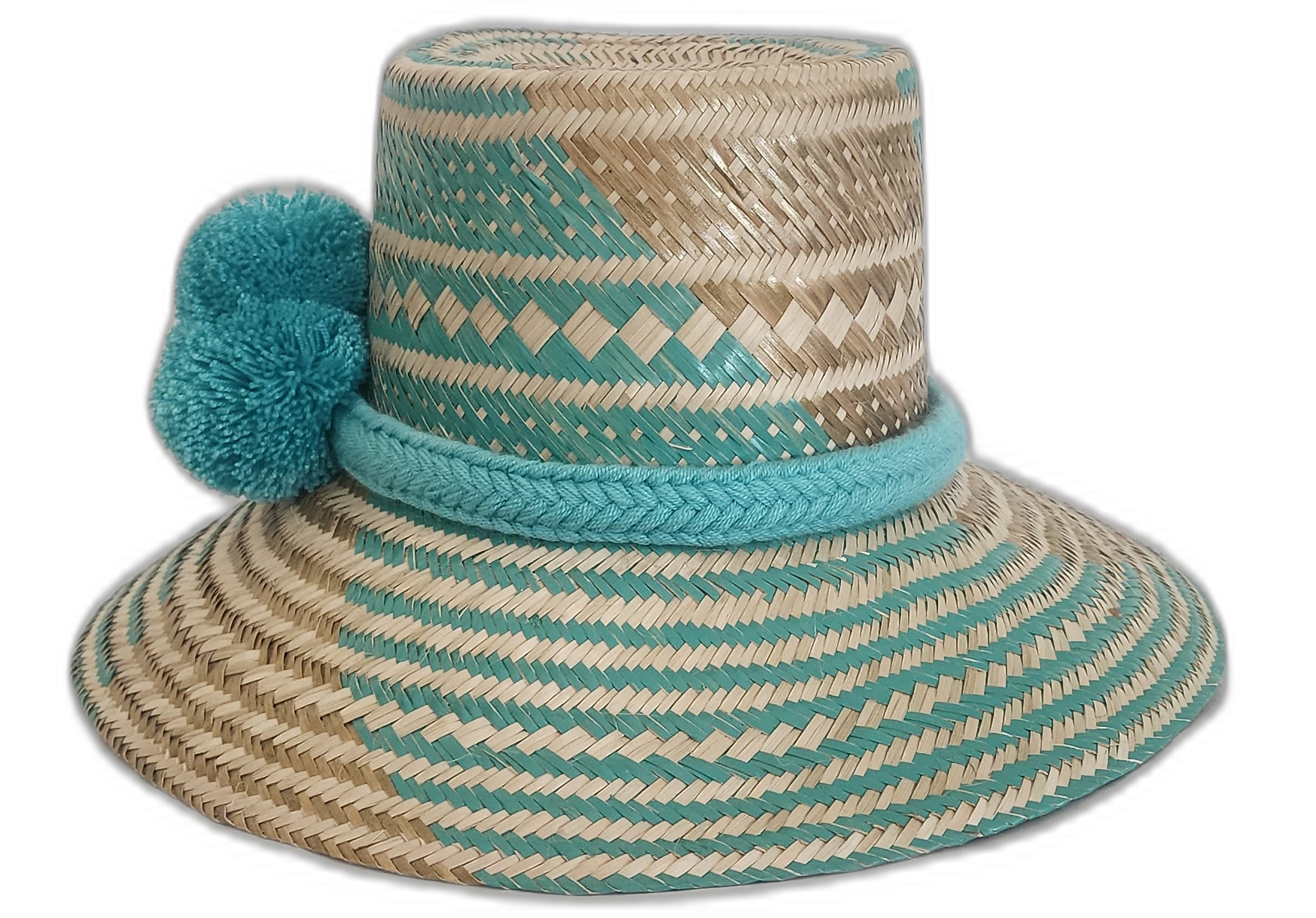 Bohemian Wayuu hat featuring turquoise pattern and wool band with pompoms