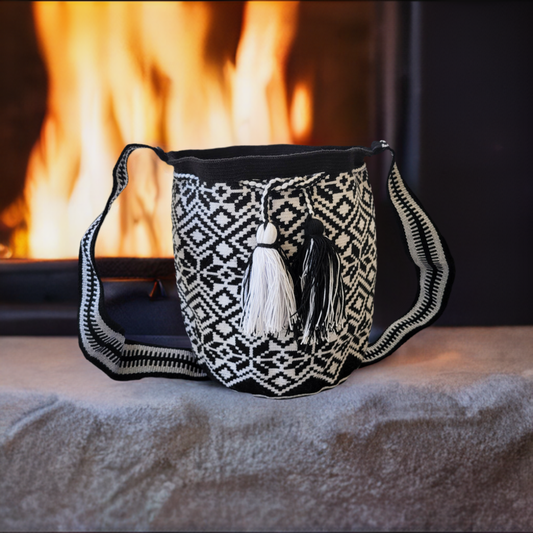 Handmade boho Wayuu bag with black and white crochet in a bold geometric design.
