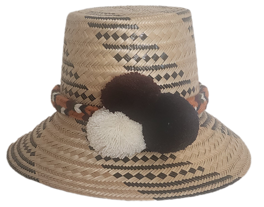 Boho straw hat with handmade black geometric patterns and neutral pompoms