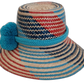 Handmade Wayuu boho straw hat with vibrant, colorful woven designs and blue pom-pom accents.

