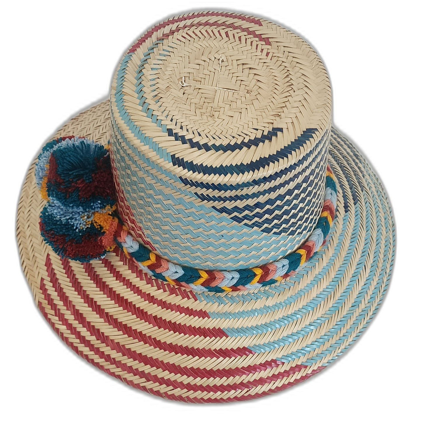 Artisan Wayuu straw hat with multicolor pompom and diagonal red-blue pattern
