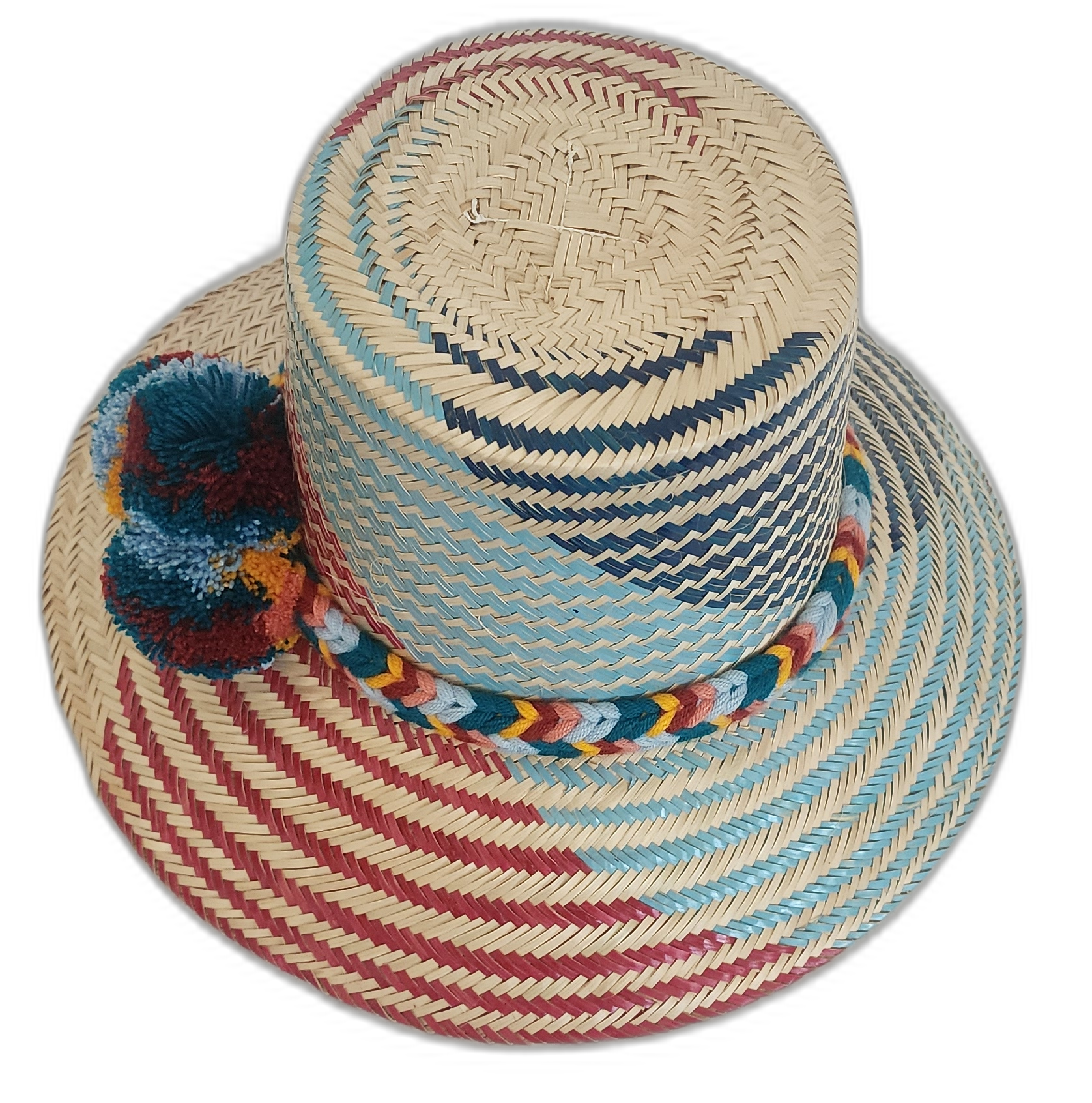Artisan Wayuu straw hat with multicolor pompom and diagonal red-blue pattern