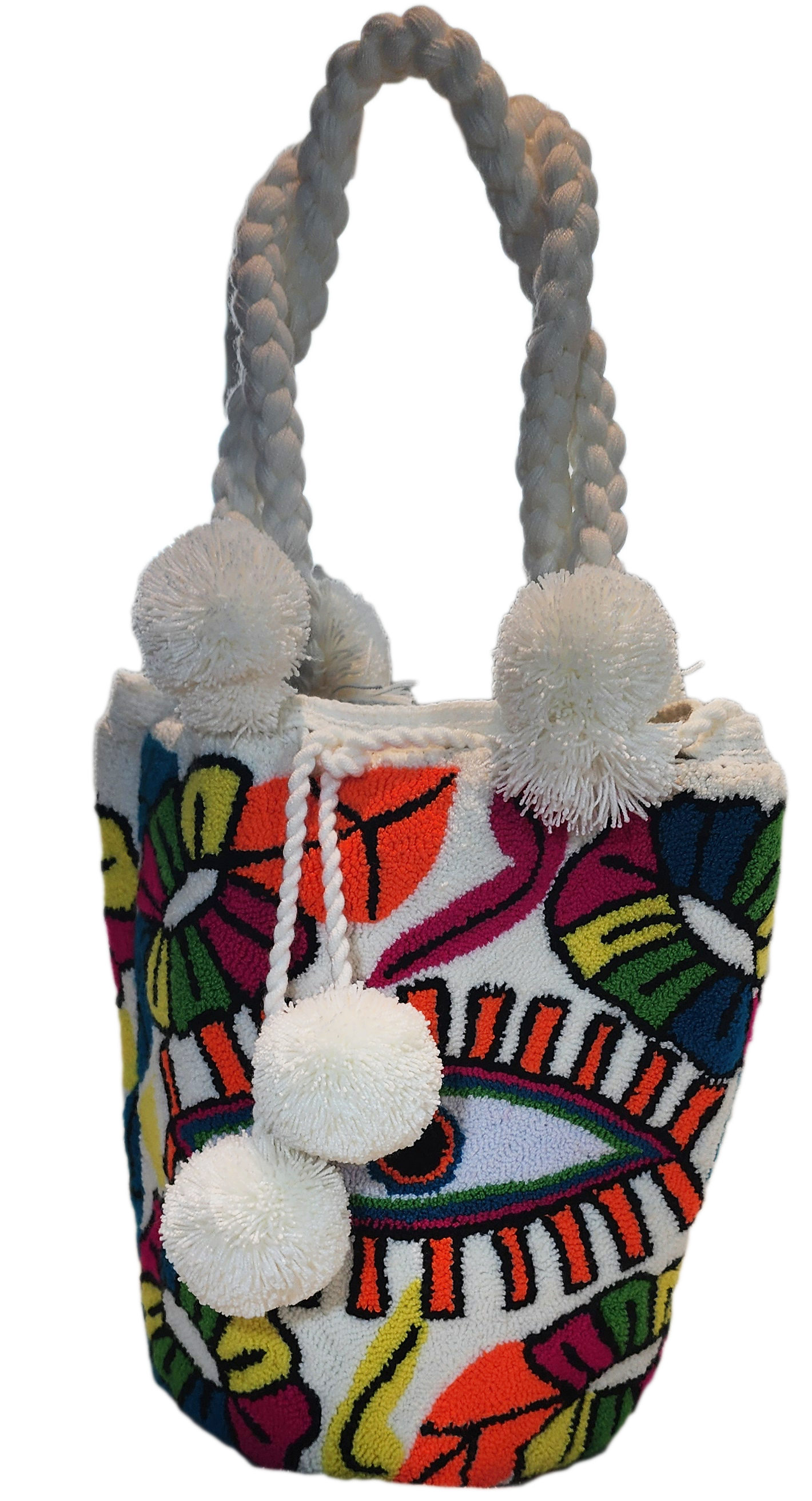 Boho-chic Wayuu bag featuring colorful embroidered eye and petals