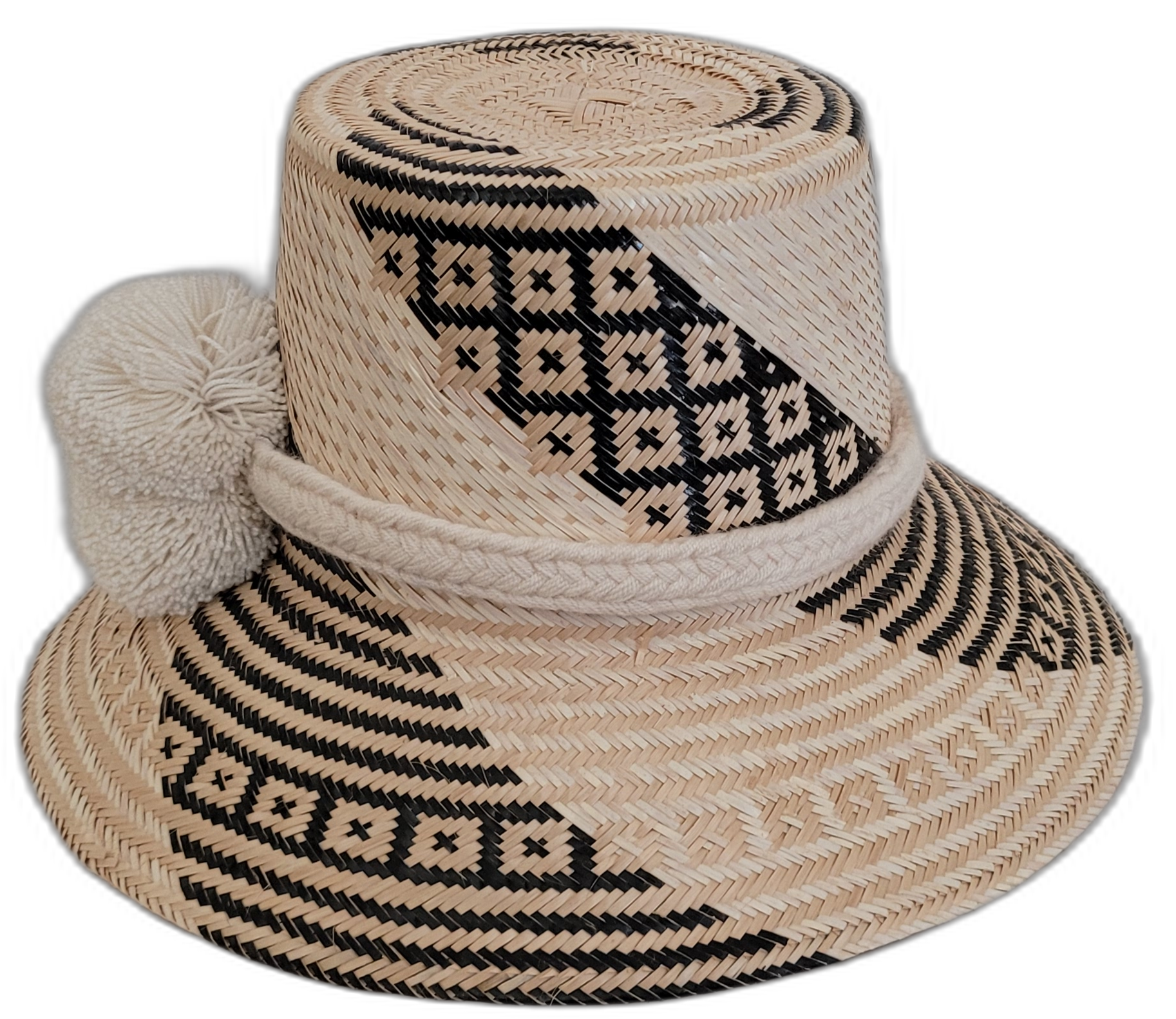 Colorful Boho straw hat, crafted from Iraca palm, featuring cream pompoms and black-beige details.

