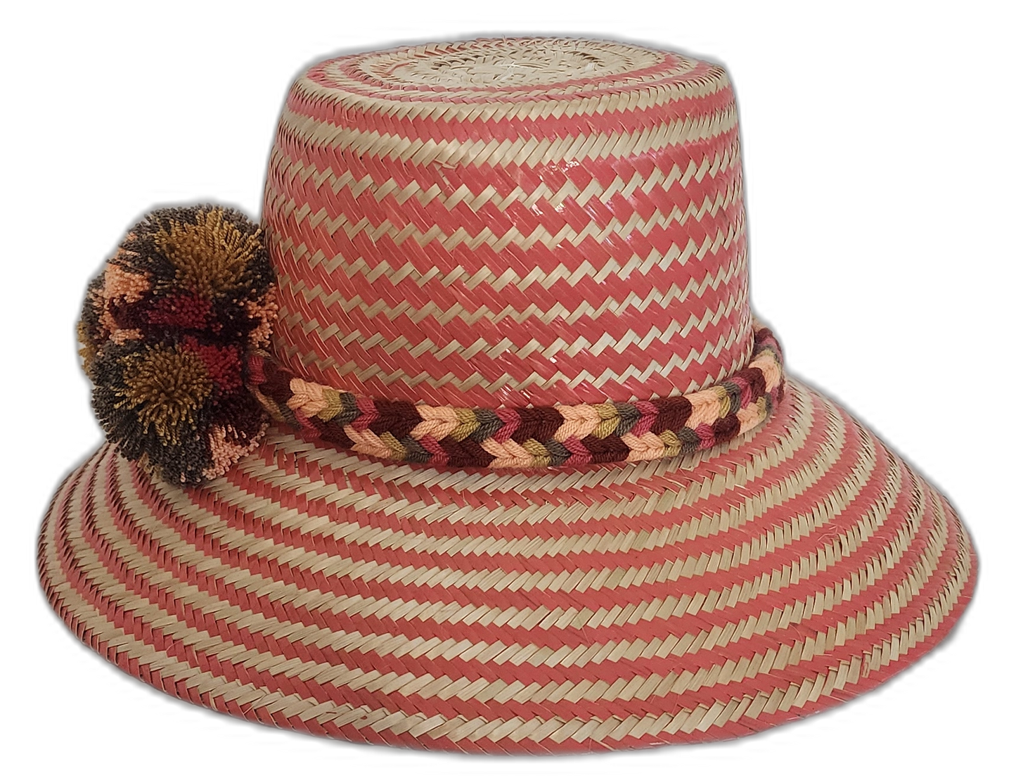 Bohemian Wayuu Hat crafted from Iraca palm, showcasing vibrant colors and cultural pompoms.